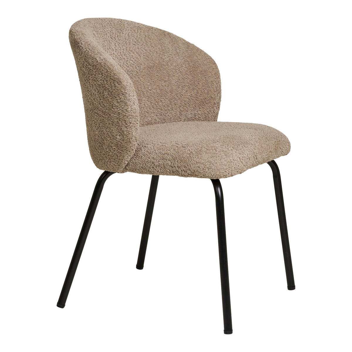 Chaise Safira bouclé beige chiné vue de trois quarts côté dossier enveloppant