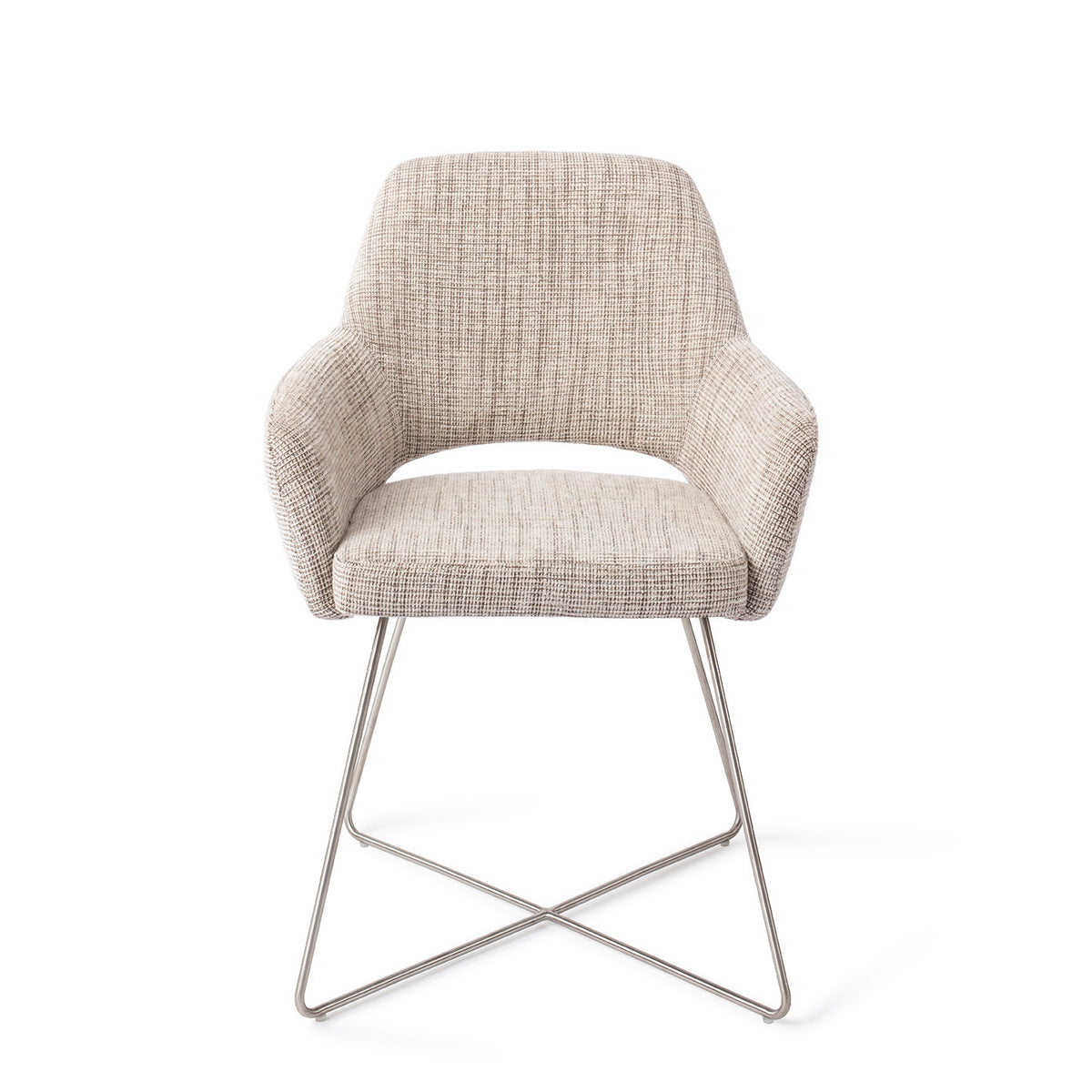 Chaise de salle à manger Yanai écru chiné sur piètement luge croisé gris acier vue de face accoudoirs enveloppants et découpe sous le dossier