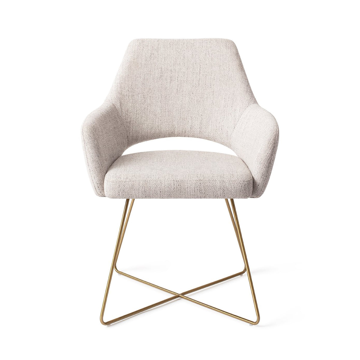 Chaise de salle à manger Yanai gris perle sur piètement luge croisé doré vue de face accoudoirs enveloppants et découpe sous le dossier