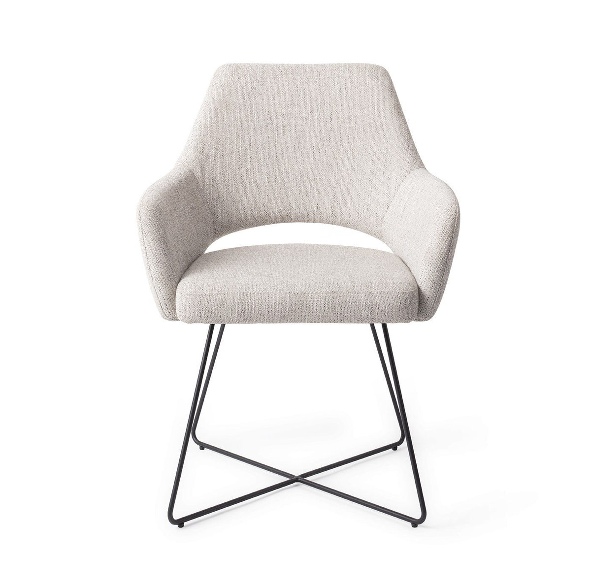 Chaise de salle à manger Yanai gris perle sur piètement luge croisé noir vue de face accoudoirs enveloppants et découpe sous le dossier