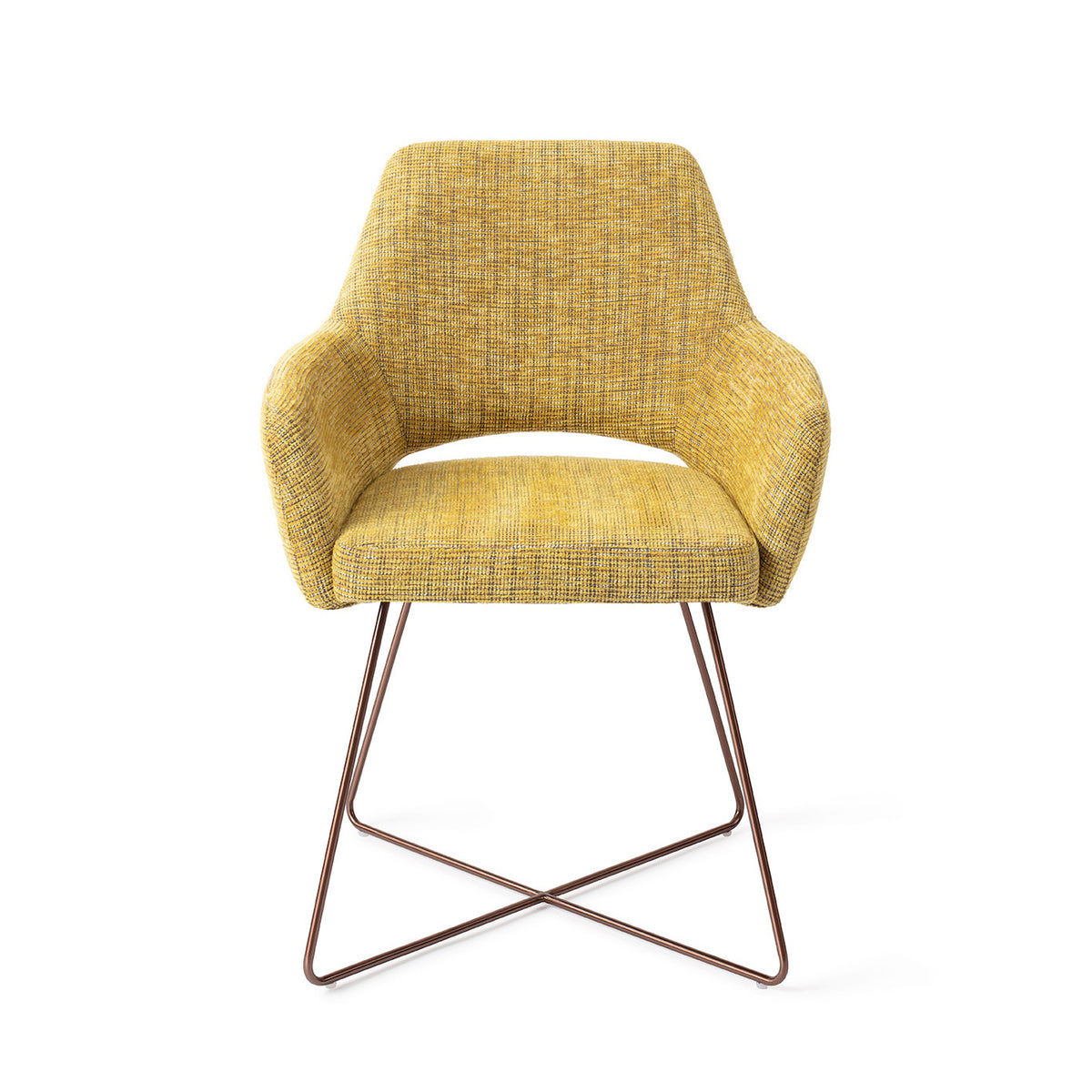 Chaise de salle à manger Yanai jaune chiné sur piètement luge croisé cuivré vue de face accoudoirs enveloppants et découpe sous le dossier