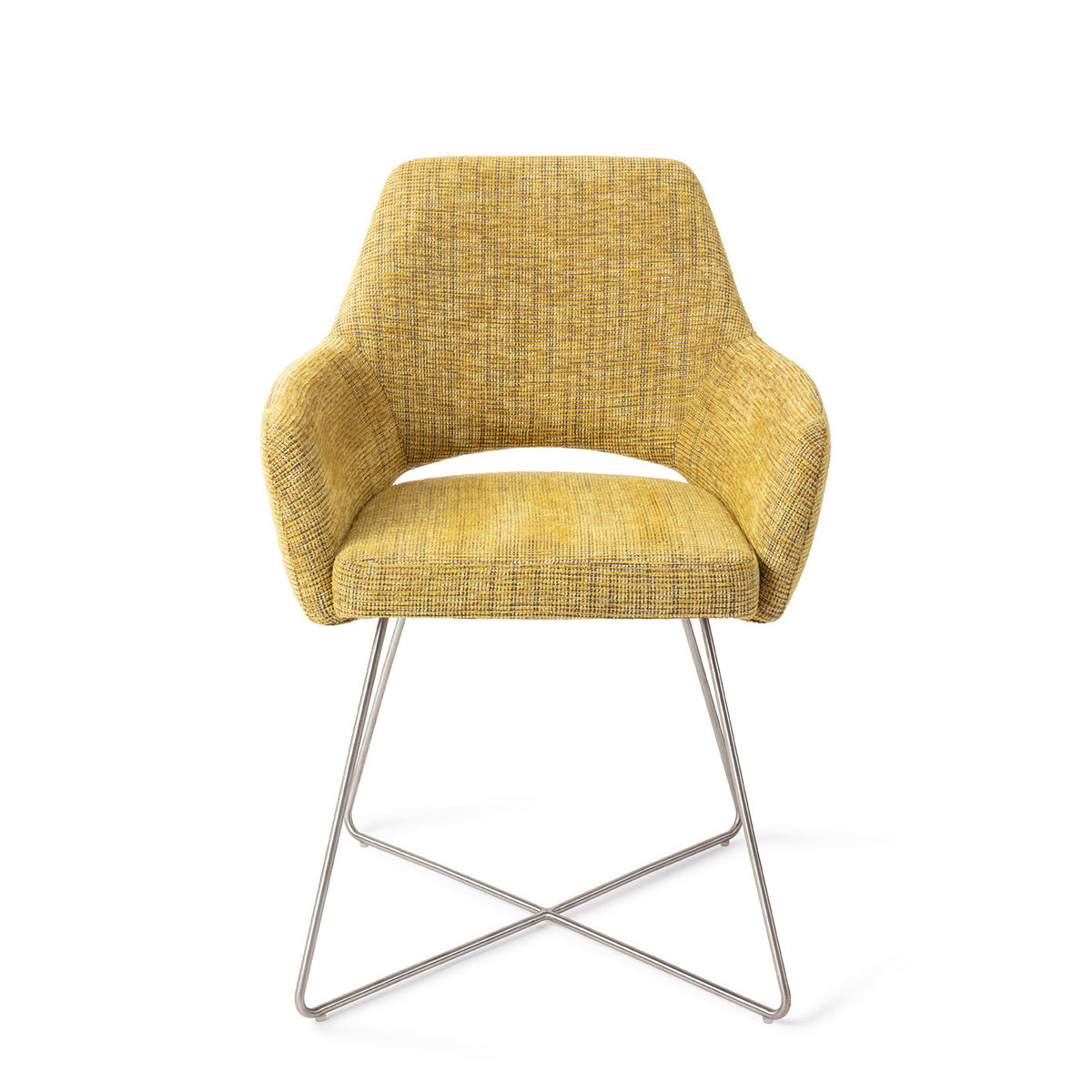 Chaise de salle à manger Yanai jaune chiné sur piètement luge croisé gris acier vue de face accoudoirs enveloppants et découpe sous le dossier