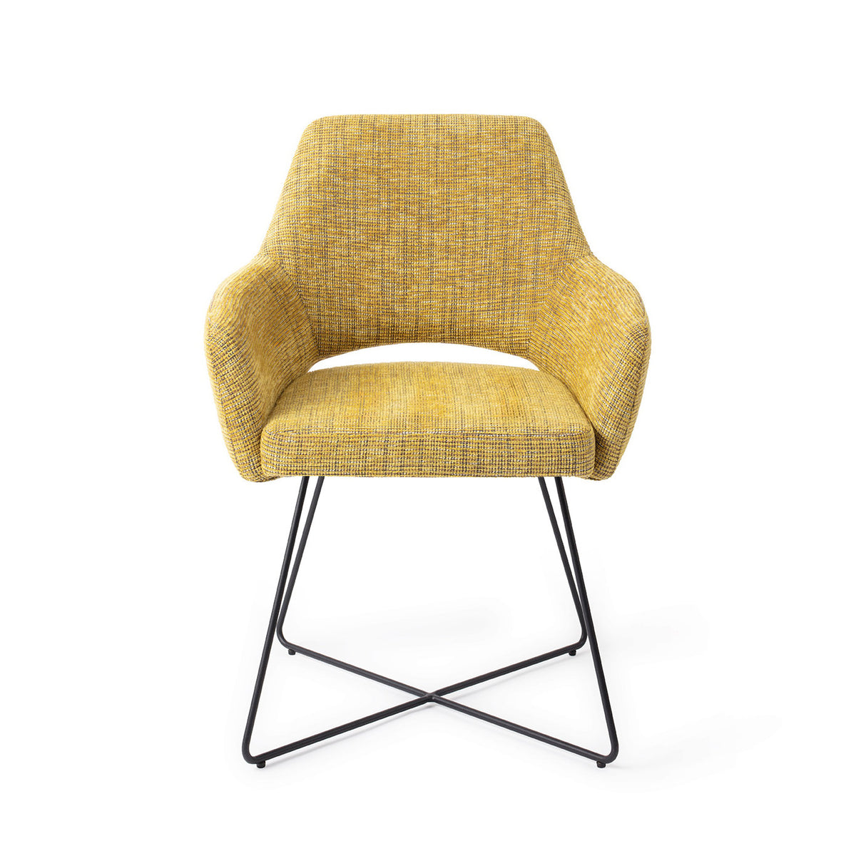 Chaise de salle à manger Yanai jaune chiné sur piètement luge croisé noir vue de face accoudoirs enveloppants et découpe sous le dossier