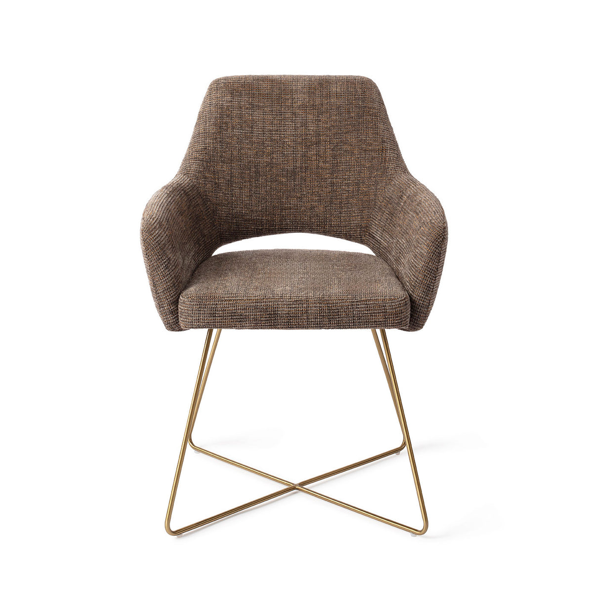 Chaise de salle à manger Yanai marron chiné sur piètement luge croisé doré vue de face accoudoirs enveloppants et découpe sous le dossier