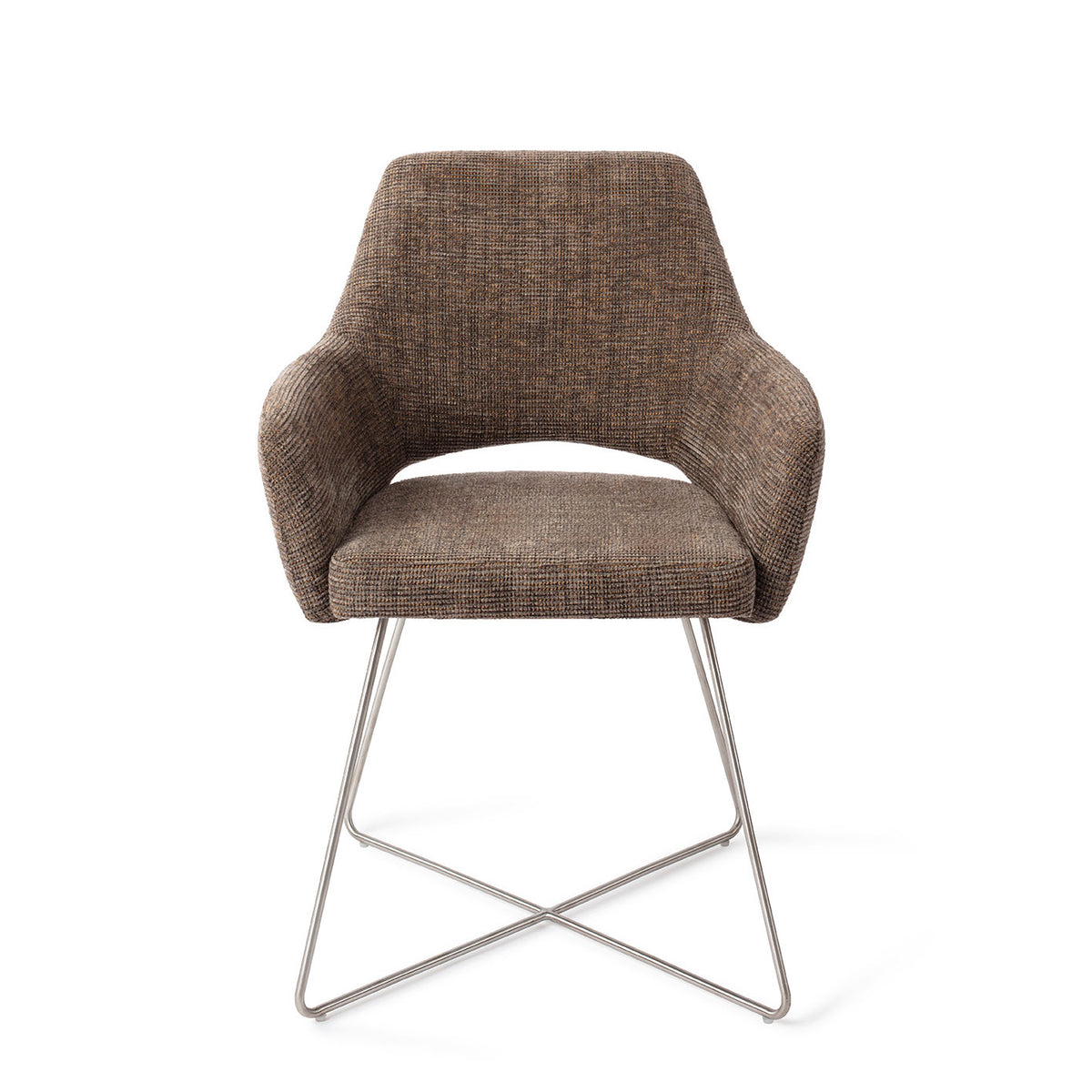 Chaise de salle à manger Yanai marron chiné sur piètement luge croisé gris acier vue de face accoudoirs enveloppants et découpe sous le dossier