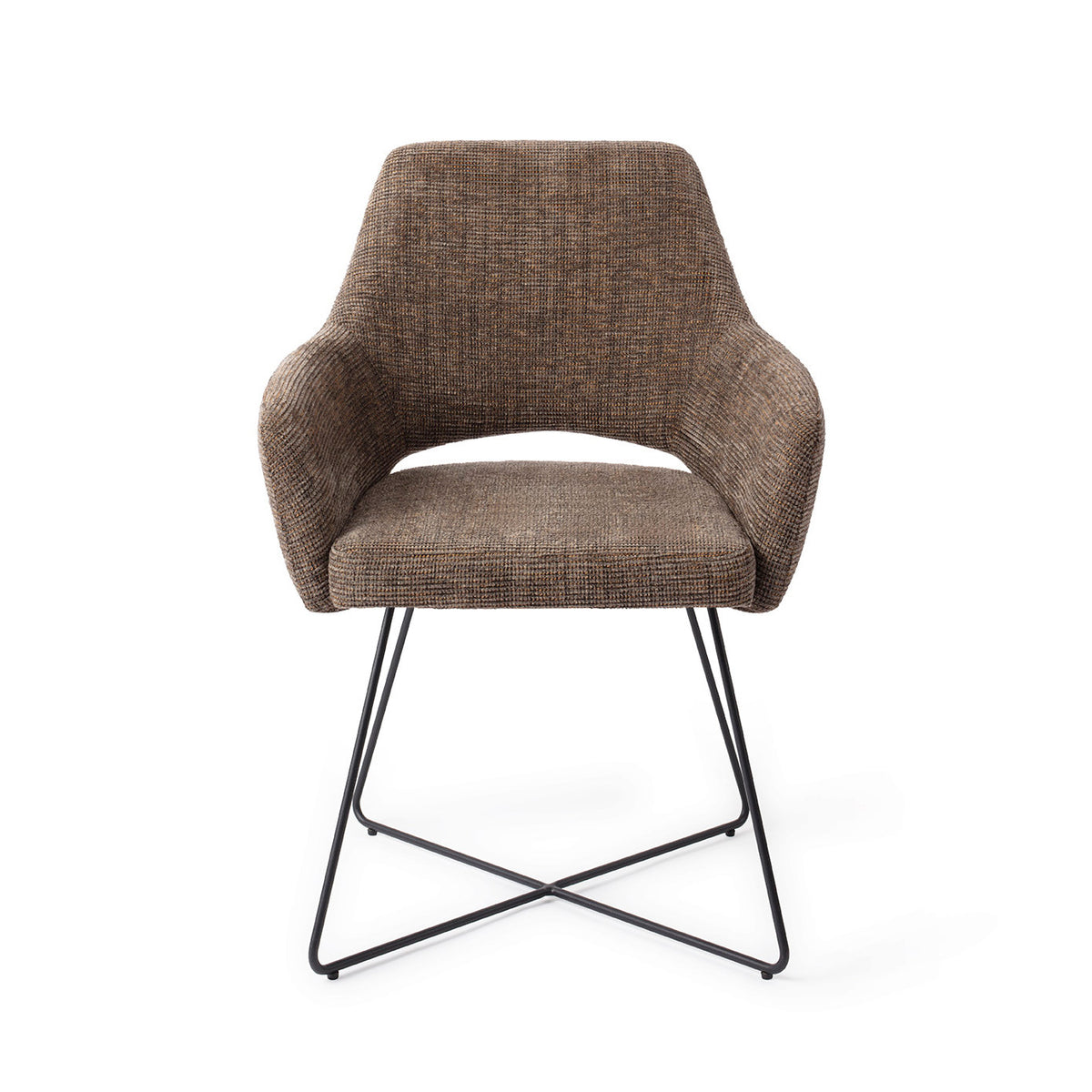 Chaise de salle à manger Yanai marron chiné sur piètement luge croisé noir vue de face accoudoirs enveloppants et découpe sous le dossier