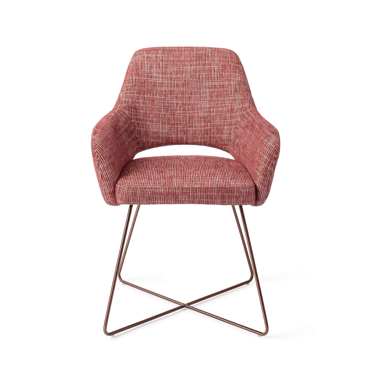Chaise de salle à manger Yanai rouge chiné sur piètement luge croisé cuivré vue de face accoudoirs enveloppants et découpe sous le dossier