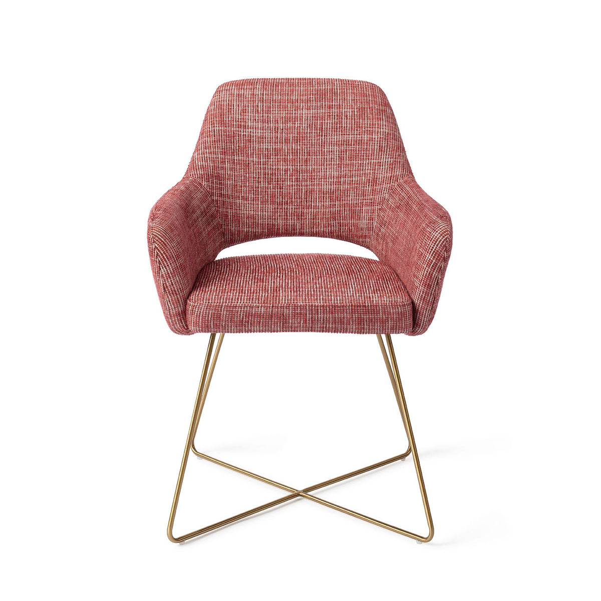 Chaise de salle à manger Yanai rouge chiné sur piètement luge croisé doré vue de face accoudoirs enveloppants et découpe sous le dossier