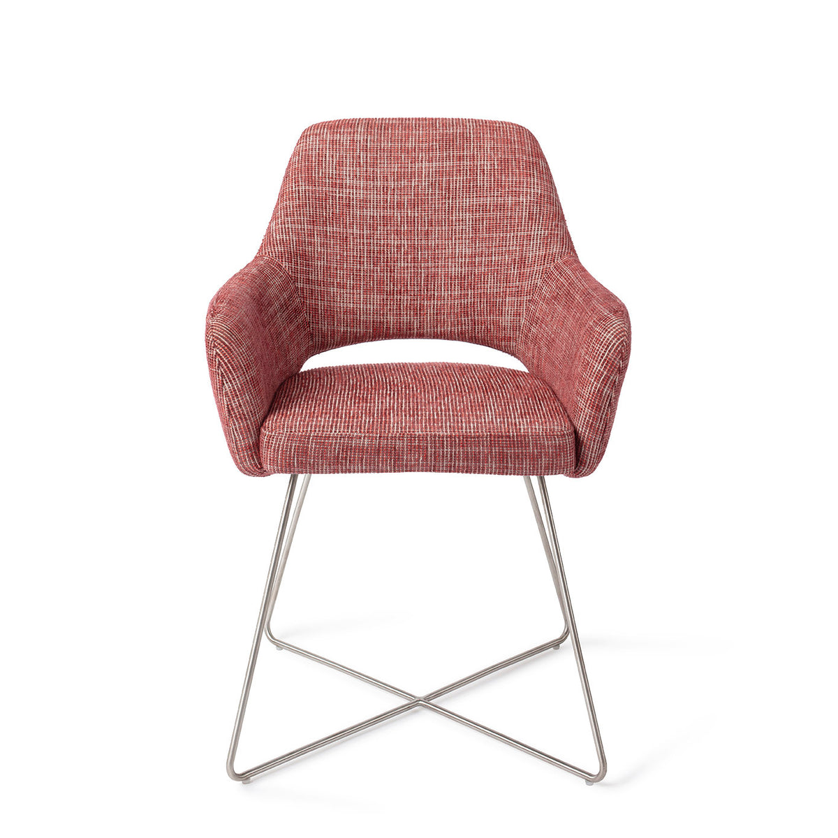 Chaise de salle à manger Yanai rouge chiné sur piètement luge croisé gris acier vue de face accoudoirs enveloppants et découpe sous le dossier