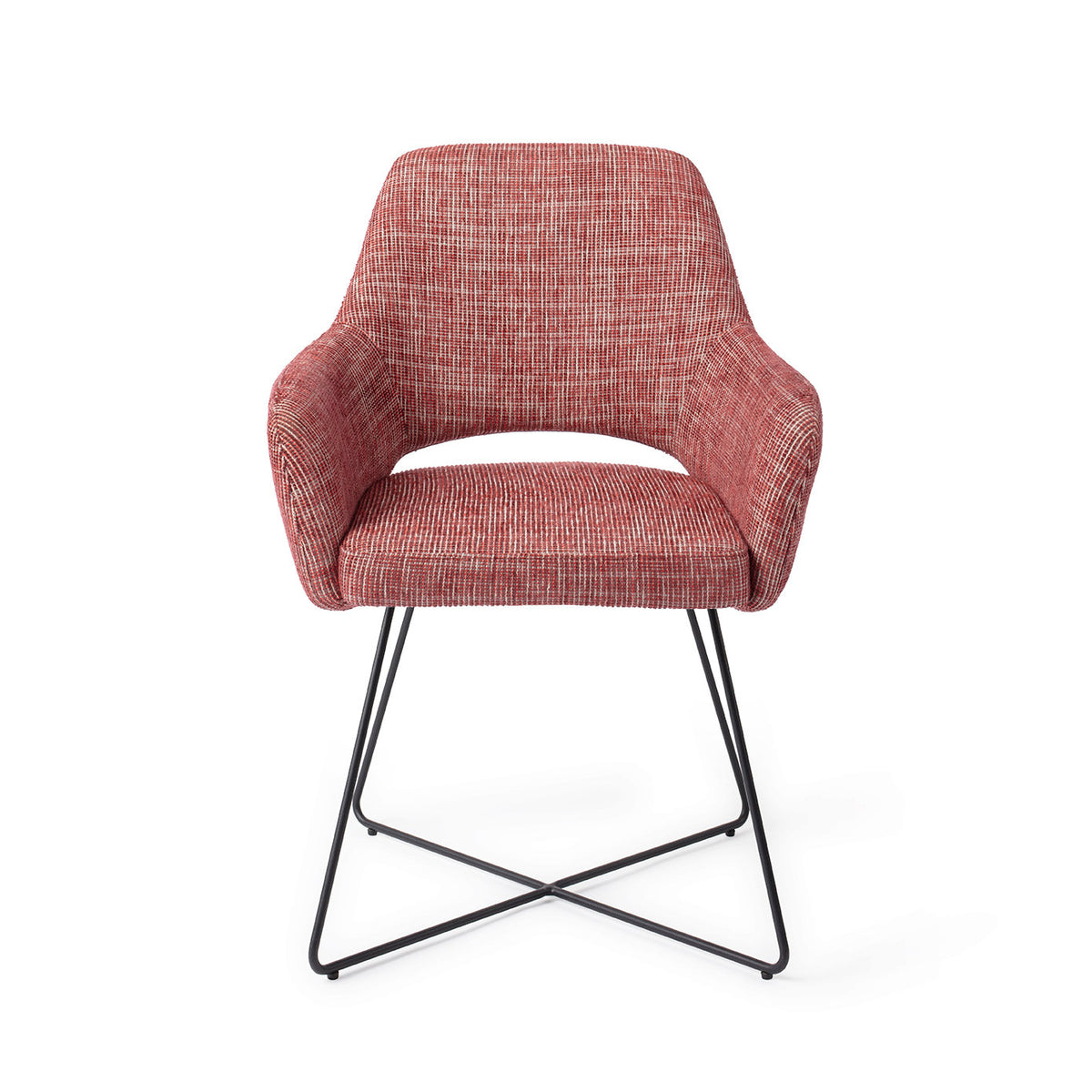 Chaise de salle à manger Yanai rouge chiné sur piètement luge croisé noir vue de face accoudoirs enveloppants et découpe sous le dossier