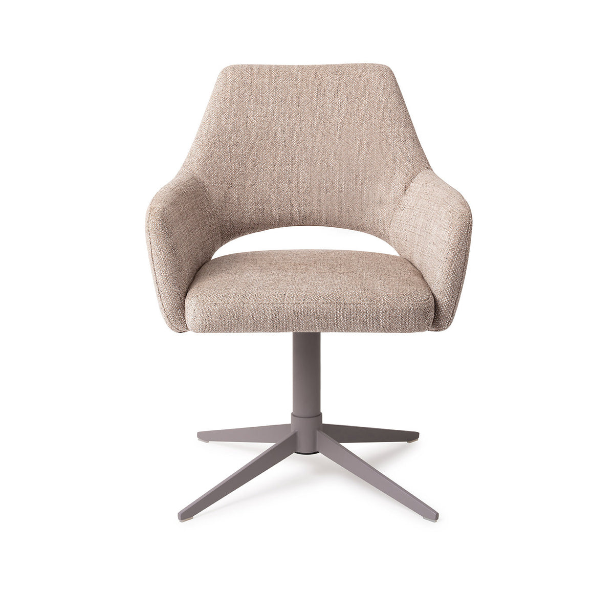 Chaise de salle à manger Yanai beige chiné sur pied central gris vue de face coque à accoudoirs et dossier ajouré