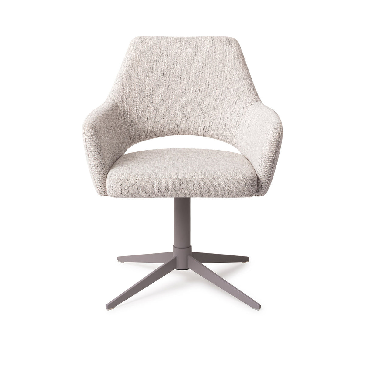 Chaise de salle à manger Yanai gris perle sur pied central gris vue de face coque à accoudoirs et dossier ajouré
