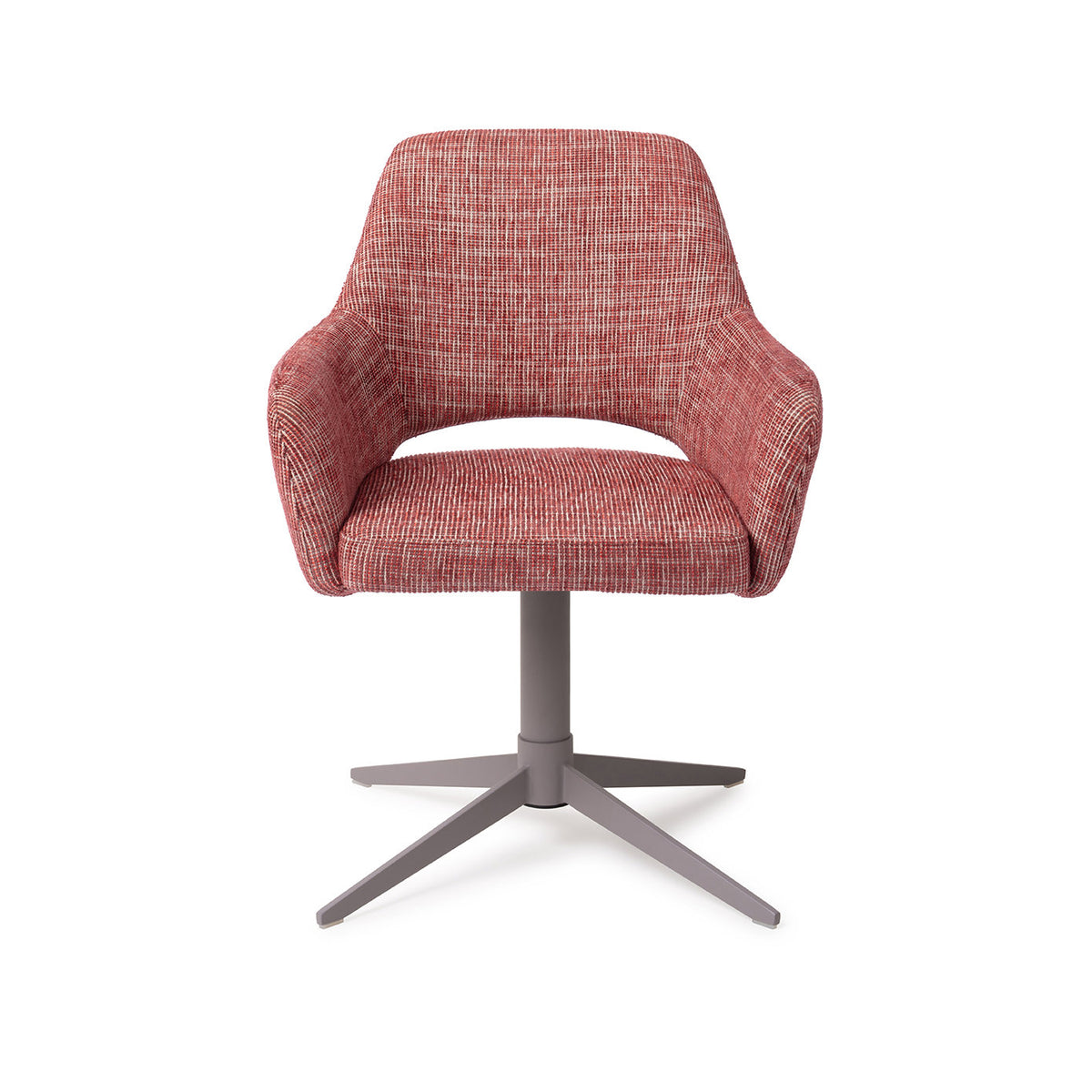 Chaise de salle à manger Yanai rouge chiné sur pied central gris vue de face coque à accoudoirs et dossier ajouré