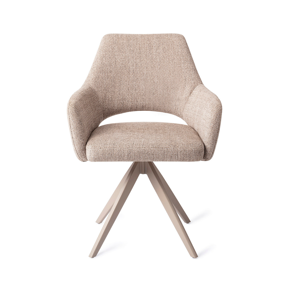 Chaise de salle à manger Yanai beige chiné sur piètement pivotant beige vue de face coque à accoudoirs et découpe du dossier