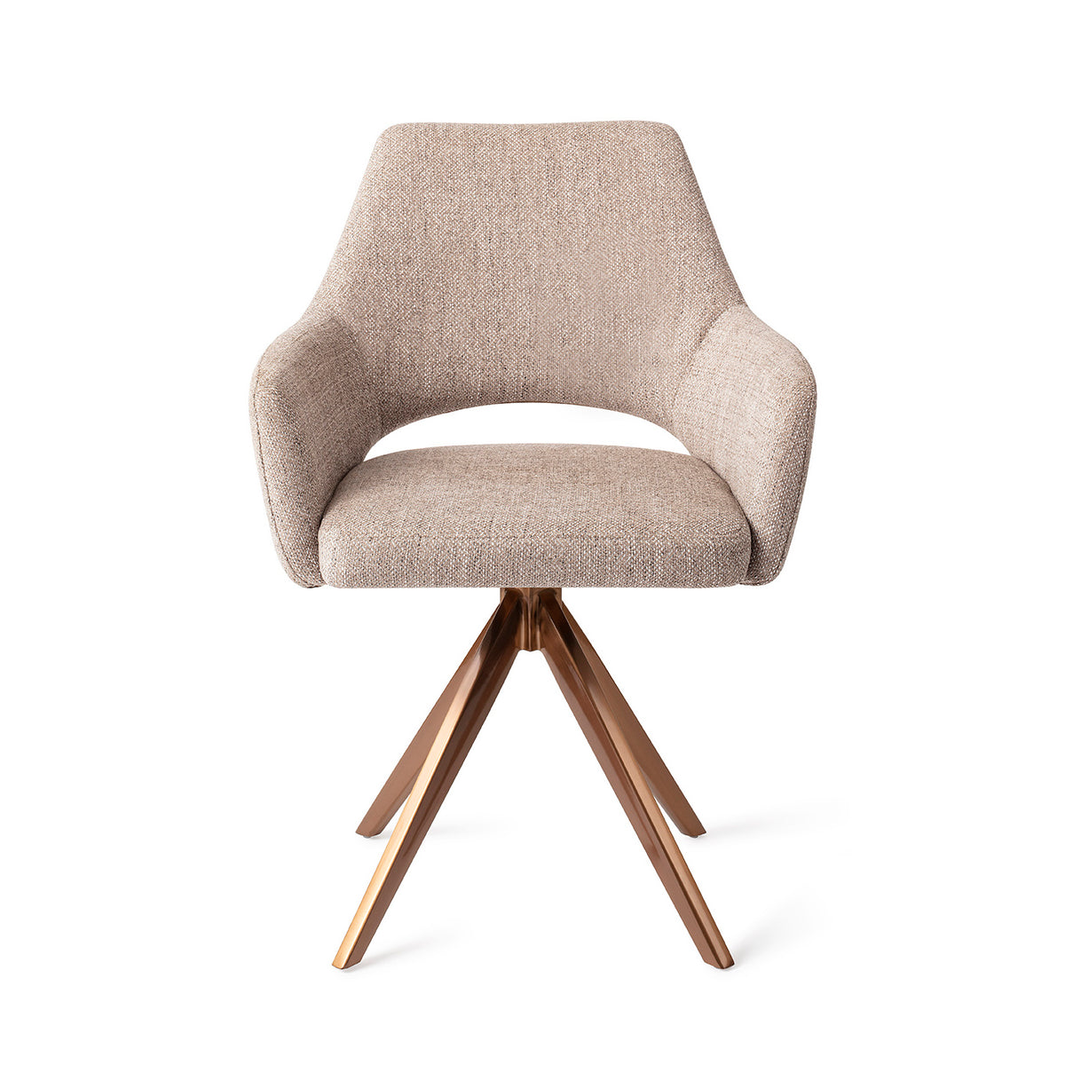 Chaise de salle à manger Yanai beige chiné sur piètement pivotant cuivré vue de face coque à accoudoirs et découpe du dossier