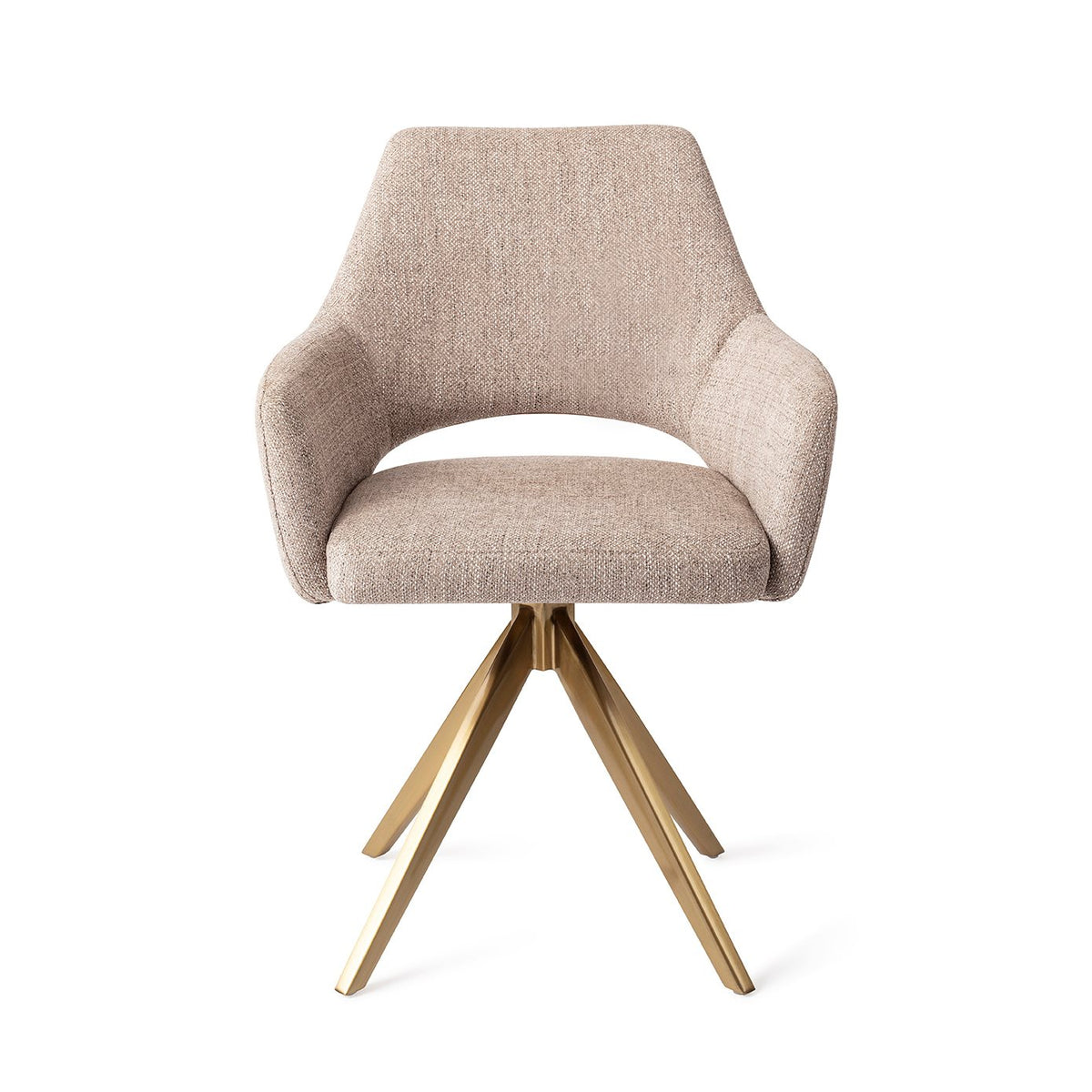Chaise de salle à manger Yanai beige chiné sur piètement pivotant doré vue de face coque à accoudoirs et découpe du dossier