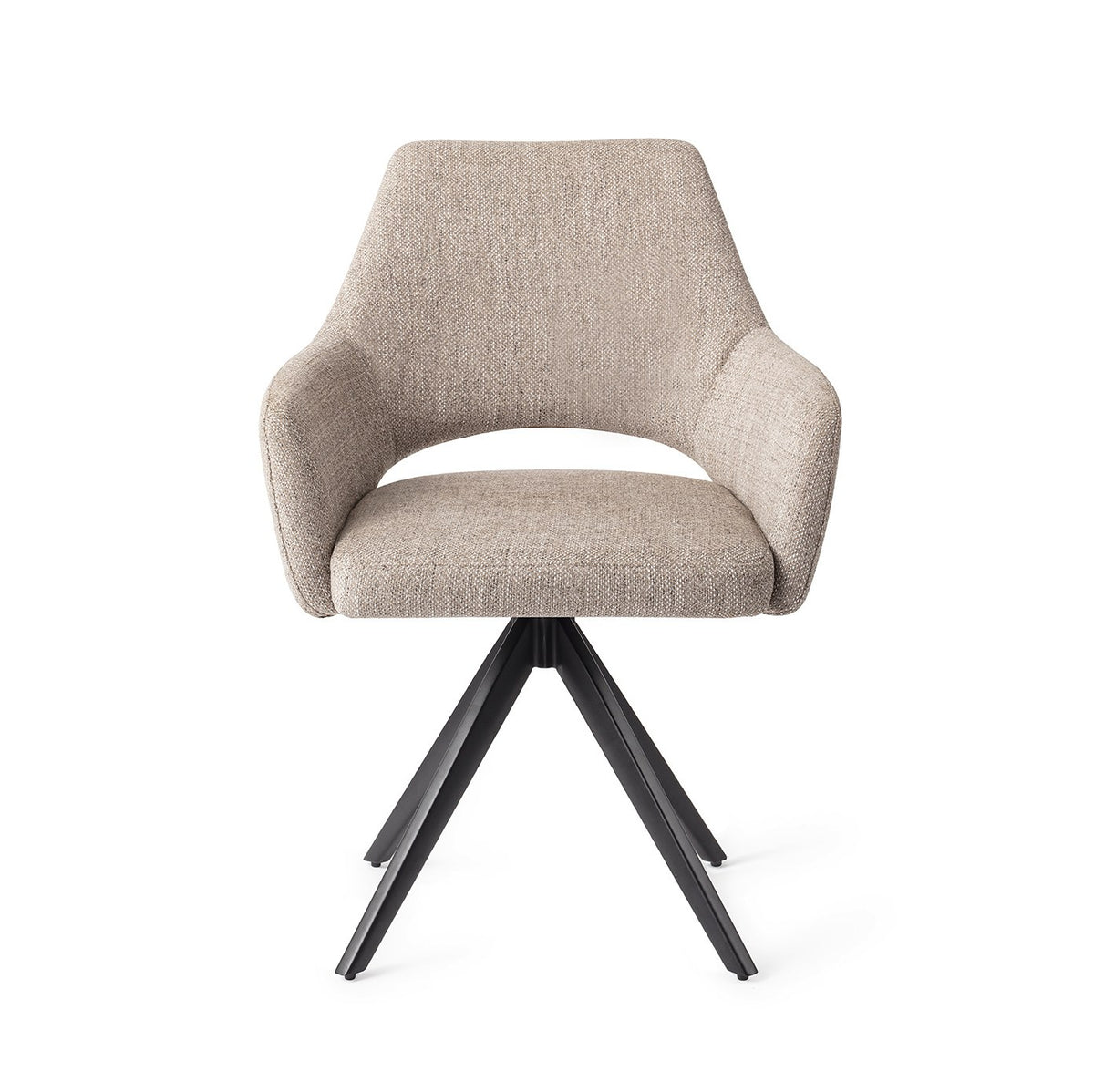 Chaise de salle à manger Yanai beige chiné sur piètement pivotant noir vue de face coque à accoudoirs et découpe du dossier