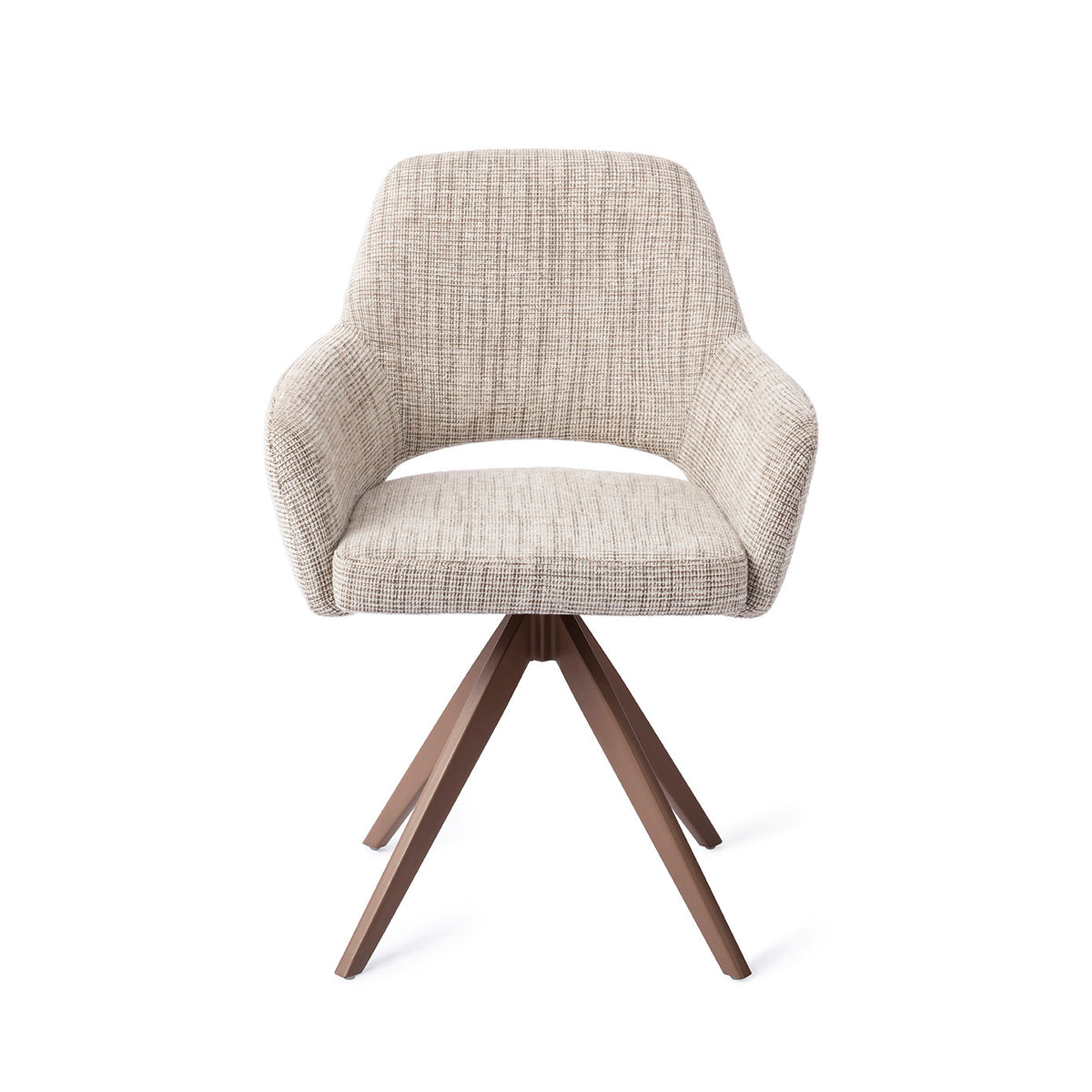Chaise de salle à manger Yanai écru chiné sur piètement pivotant brun vue de face coque à accoudoirs et découpe du dossier