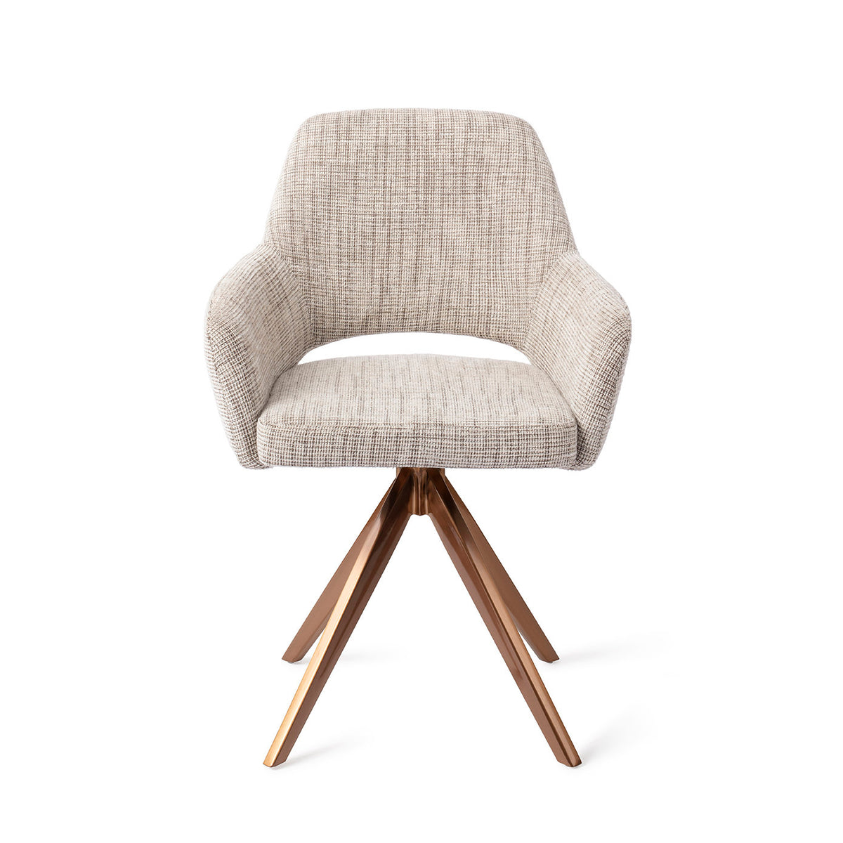 Chaise de salle à manger Yanai écru chiné sur piètement pivotant cuivré vue de face coque à accoudoirs et découpe du dossier