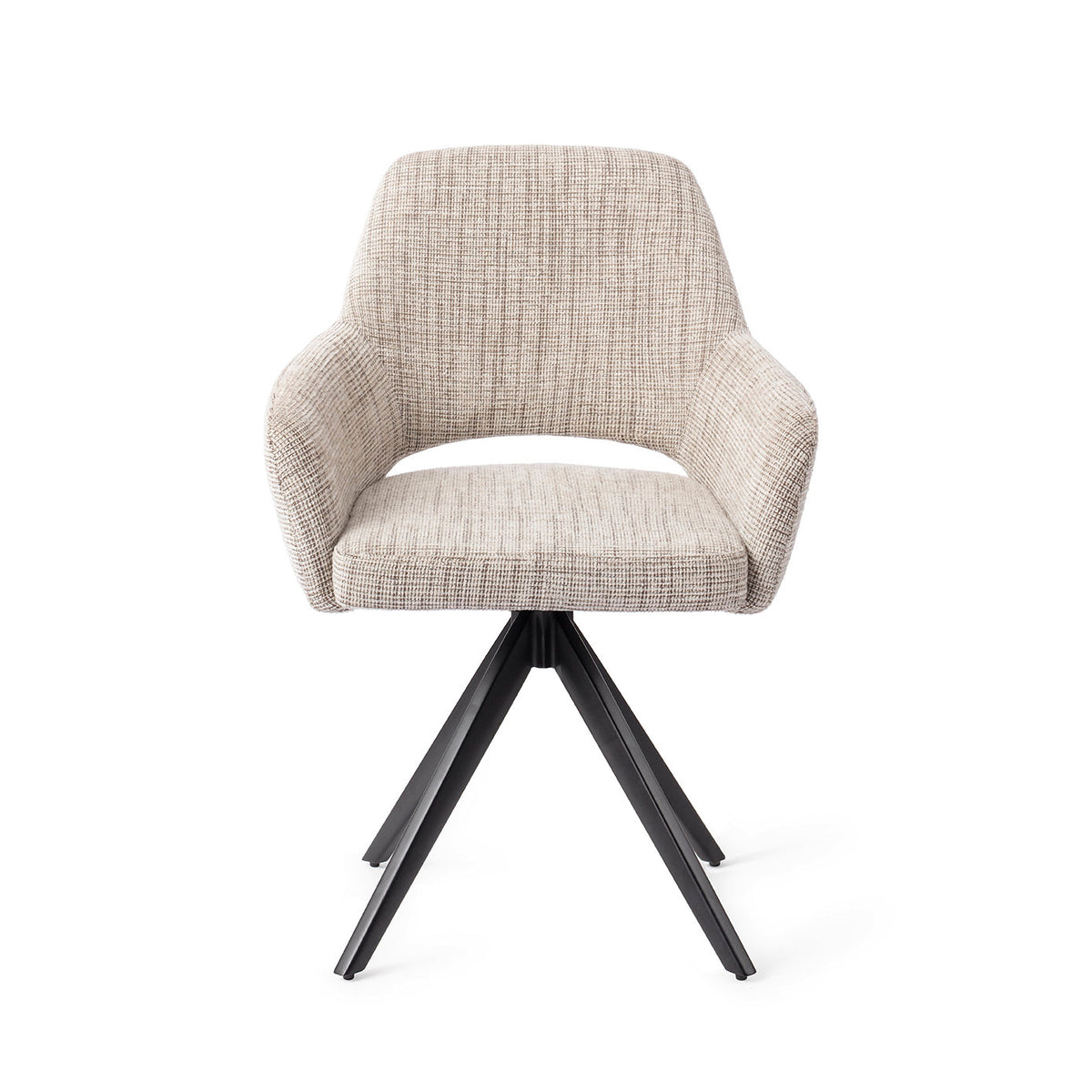 Chaise de salle à manger Yanai écru chiné sur piètement pivotant noir vue de face coque à accoudoirs et découpe du dossier