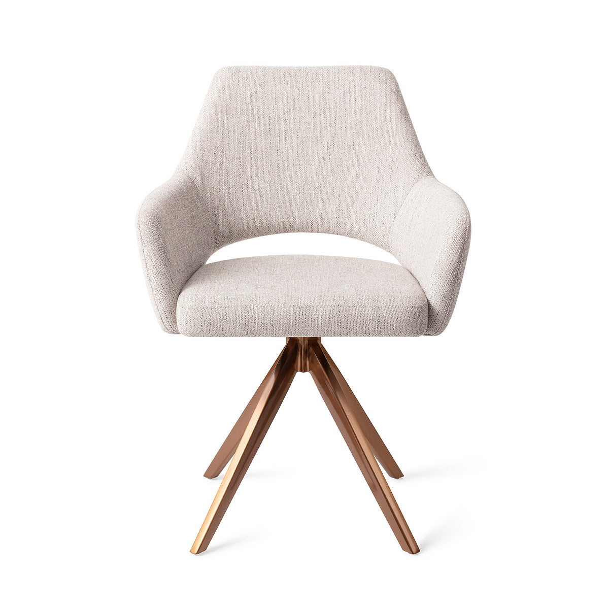 Chaise de salle à manger Yanai gris perle sur piètement pivotant cuivré vue de face coque à accoudoirs et découpe du dossier