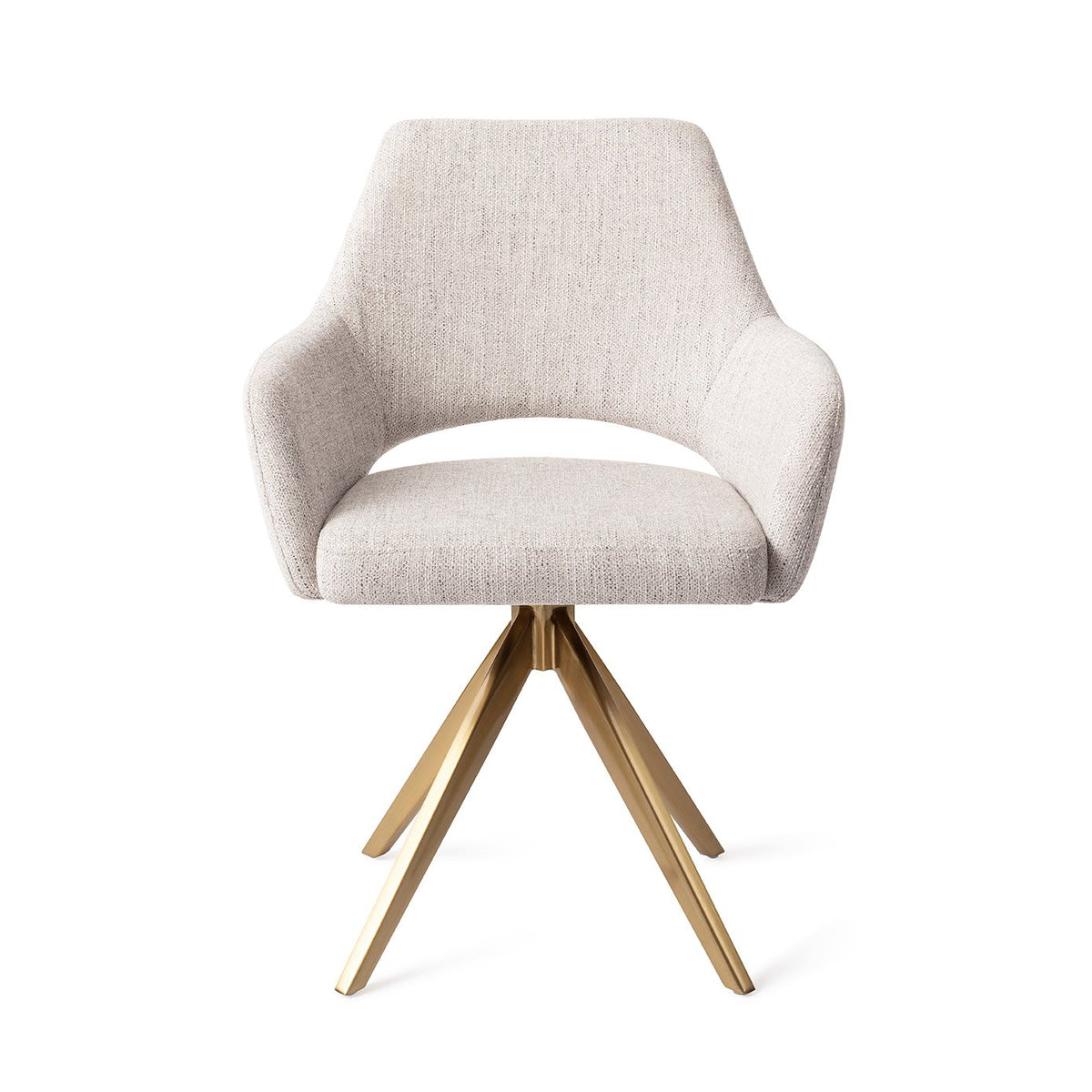 Chaise de salle à manger Yanai gris perle sur piètement pivotant doré vue de face coque à accoudoirs et découpe du dossier
