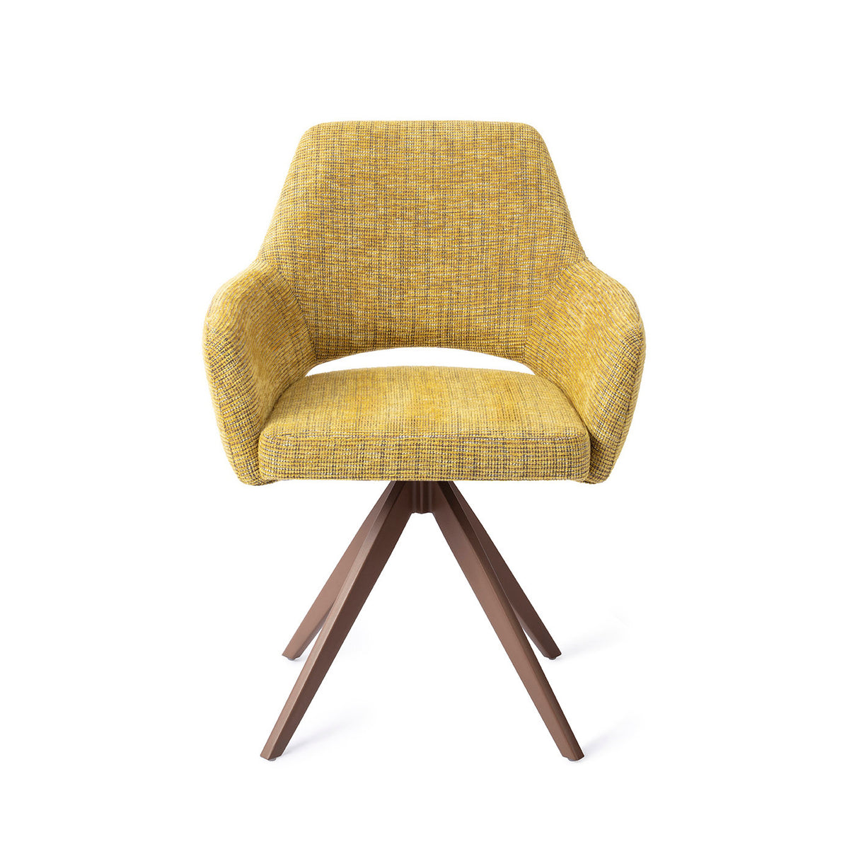 Chaise de salle à manger Yanai jaune chiné sur piètement pivotant brun vue de face coque à accoudoirs et découpe du dossier