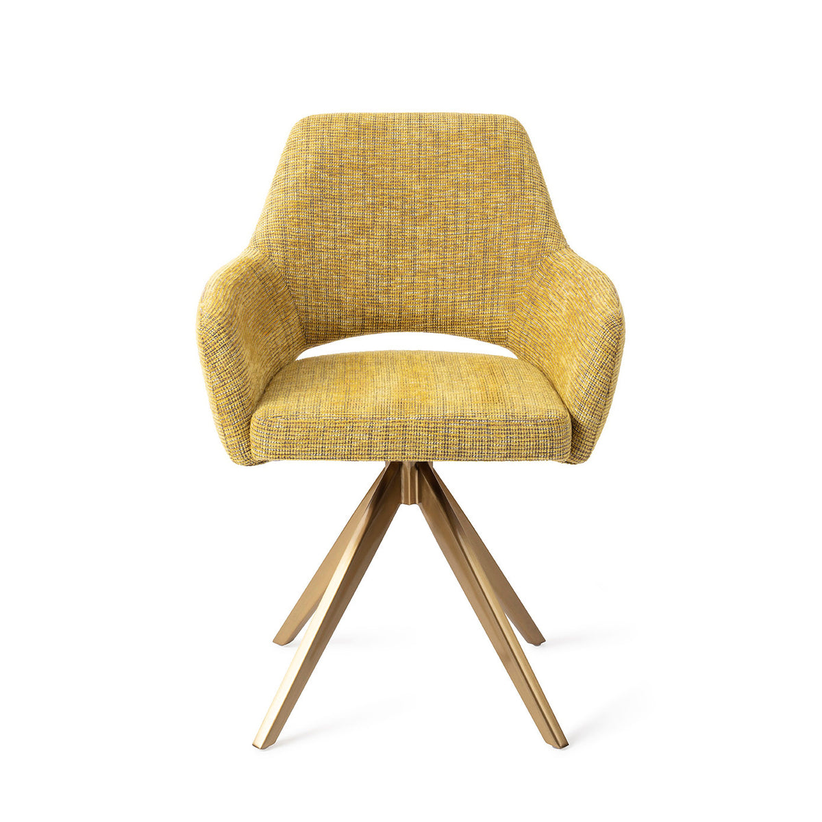 Chaise de salle à manger Yanai jaune chiné sur piètement pivotant doré vue de face coque à accoudoirs et découpe du dossier