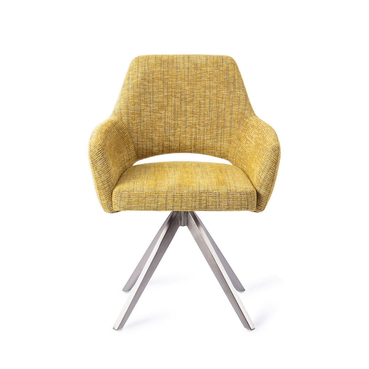 Chaise de salle à manger Yanai jaune chiné sur piètement pivotant gris acier vue de face coque à accoudoirs et découpe du dossier