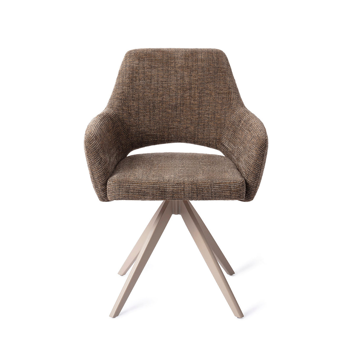 Chaise de salle à manger Yanai marron chiné sur piètement pivotant beige vue de face coque à accoudoirs et découpe du dossier