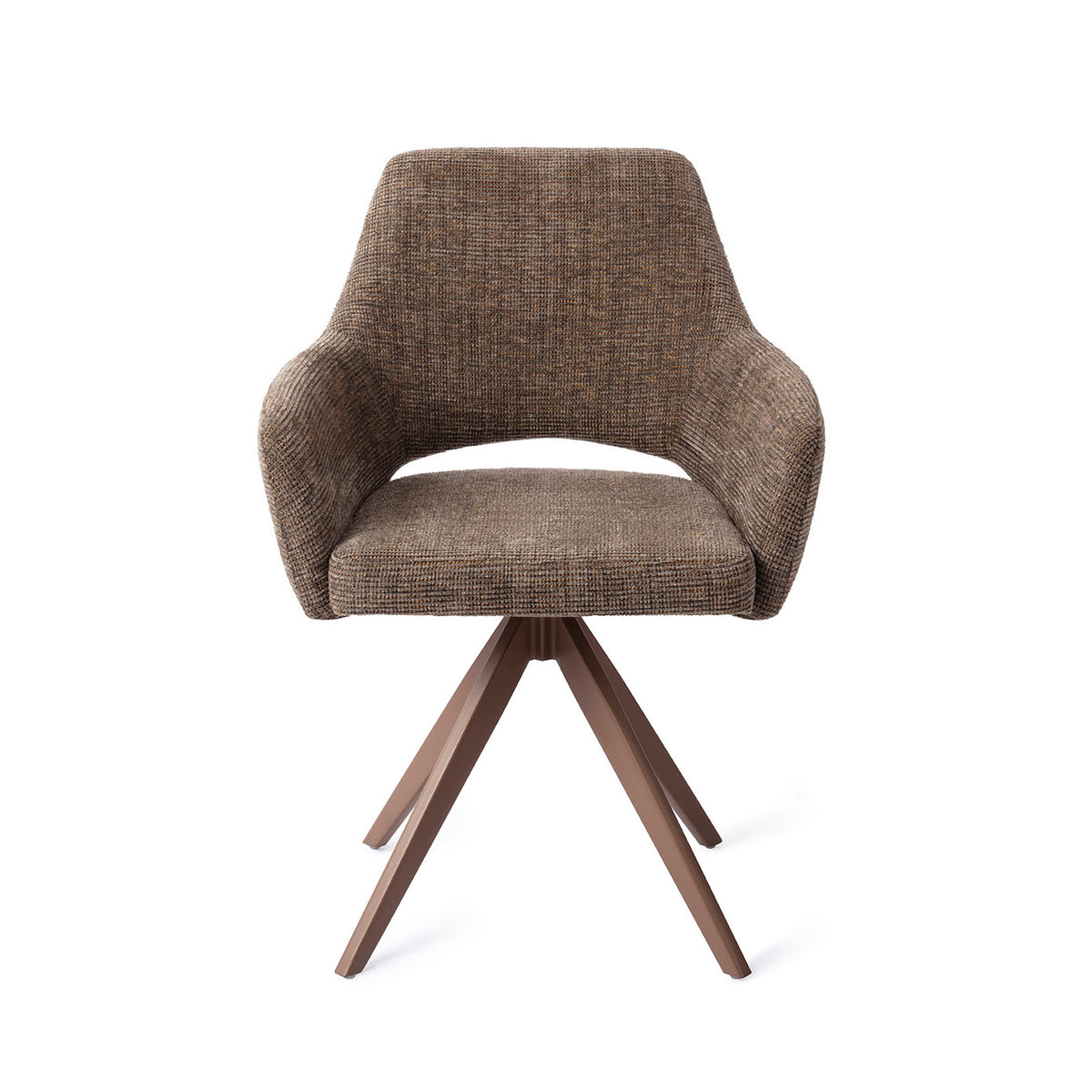 Chaise de salle à manger Yanai marron chiné sur piètement pivotant brun vue de face coque à accoudoirs et découpe du dossier