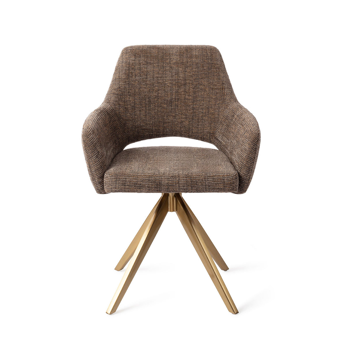 Chaise de salle à manger Yanai marron chiné sur piètement pivotant doré vue de face coque à accoudoirs et découpe du dossier