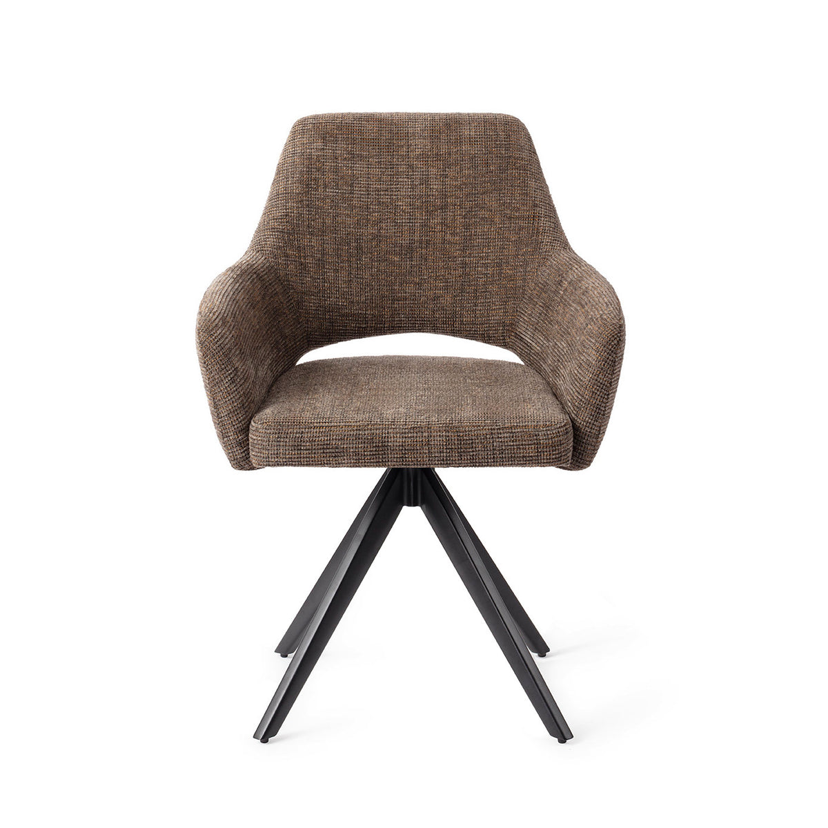 Chaise de salle à manger Yanai marron chiné sur piètement pivotant noir vue de face coque à accoudoirs et découpe du dossier