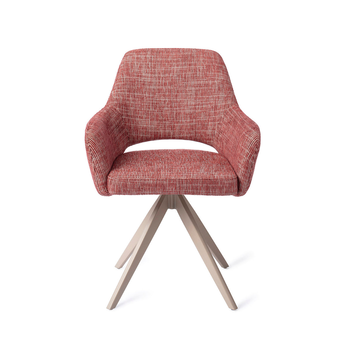 Chaise de salle à manger Yanai rouge chiné sur piètement pivotant beige vue de face coque à accoudoirs et découpe du dossier