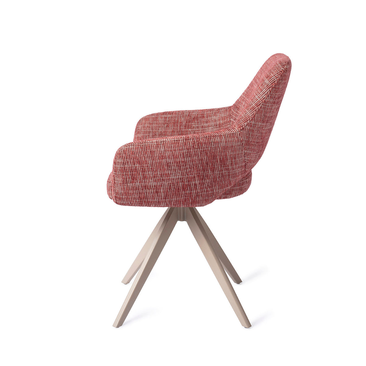Chaise Yanai rouge chiné vue de profil sur son piètement pivotant beige