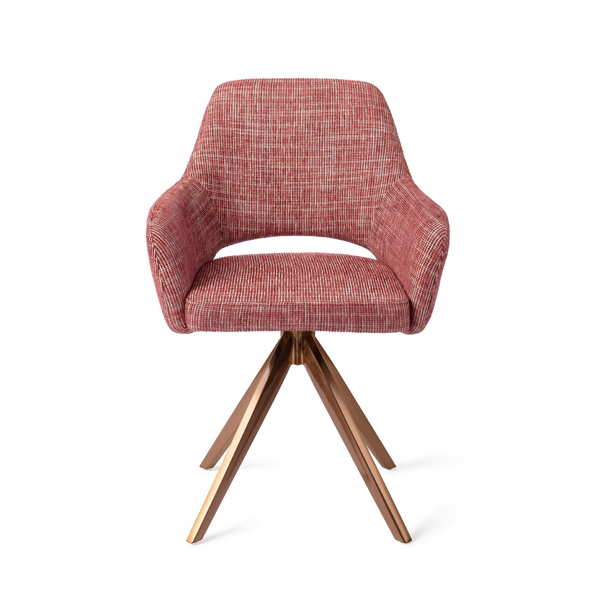 Chaise de salle à manger Yanai rouge chiné sur piètement pivotant cuivré vue de face coque à accoudoirs et découpe du dossier