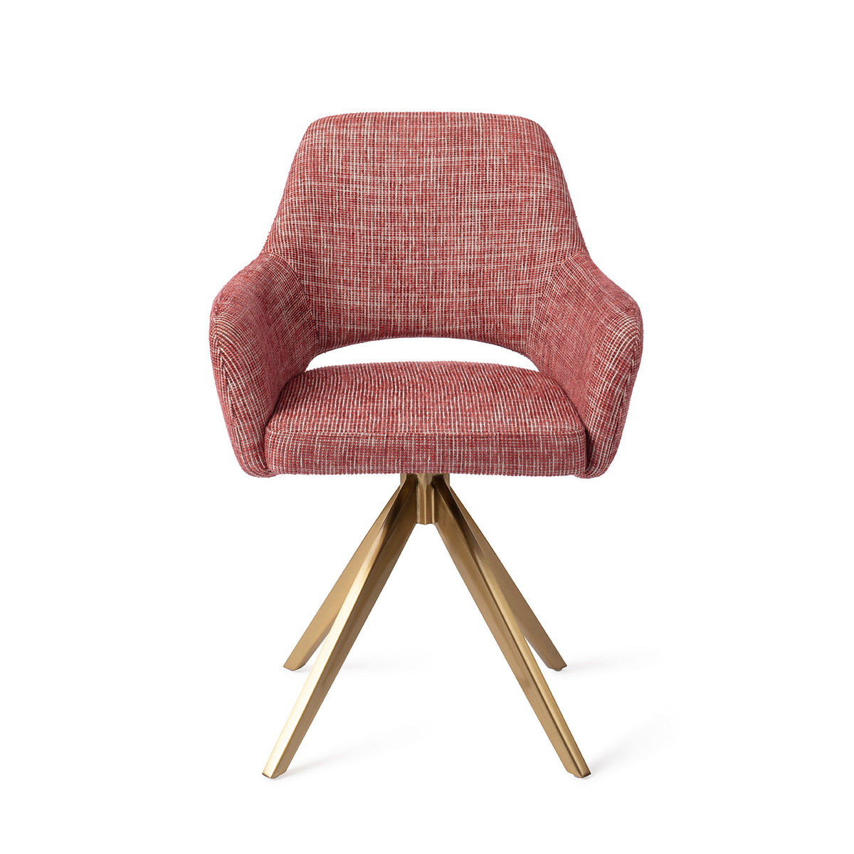 Chaise de salle à manger Yanai rouge chiné sur piètement pivotant doré vue de face coque à accoudoirs et découpe du dossier