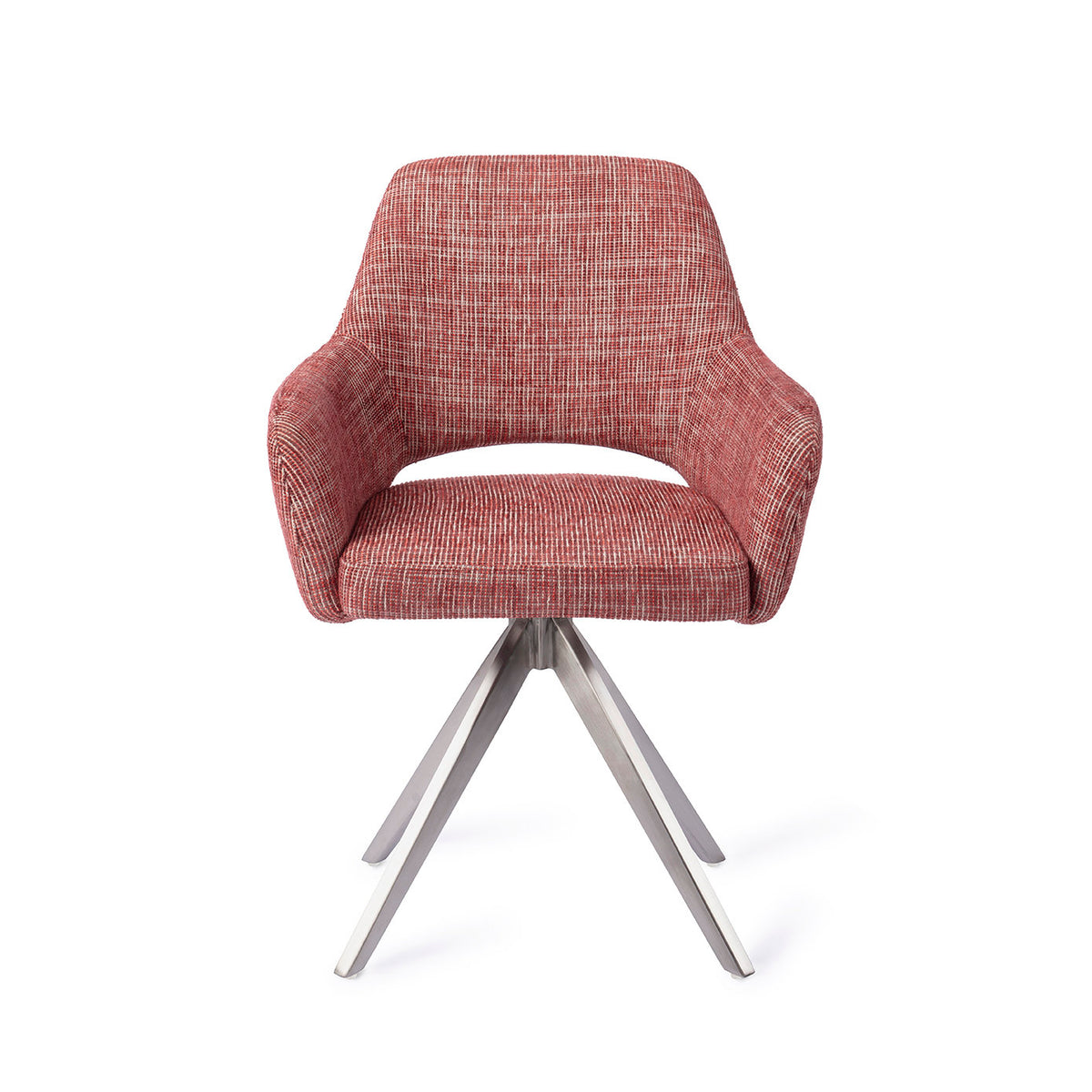 Chaise de salle à manger Yanai rouge chiné sur piètement pivotant gris acier vue de face coque à accoudoirs et découpe du dossier