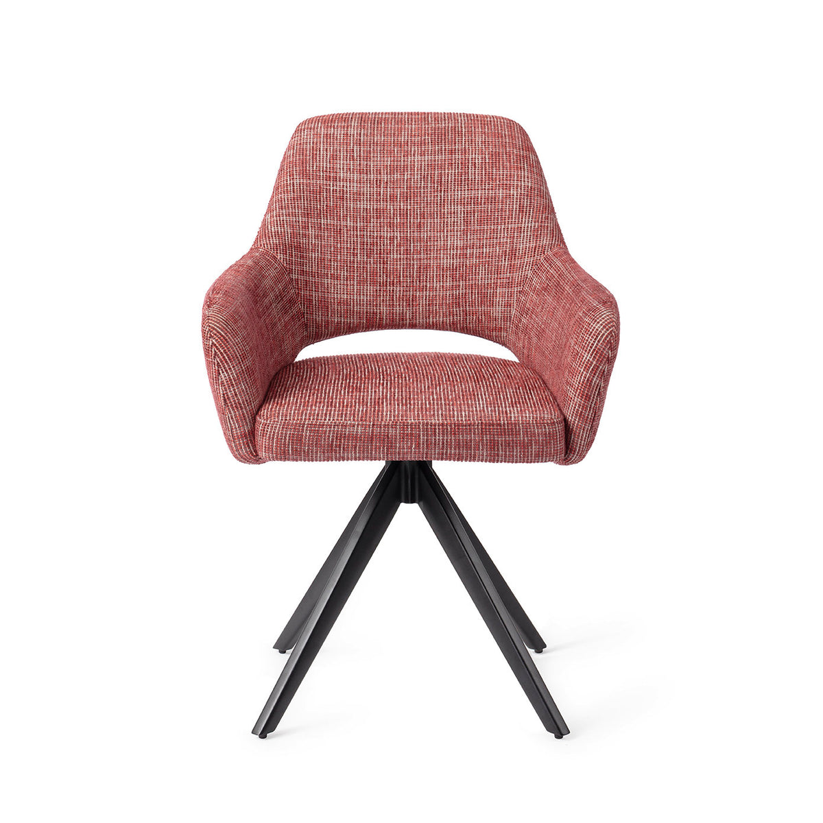 Chaise de salle à manger Yanai rouge chiné sur piètement pivotant noir vue de face coque à accoudoirs et découpe du dossier