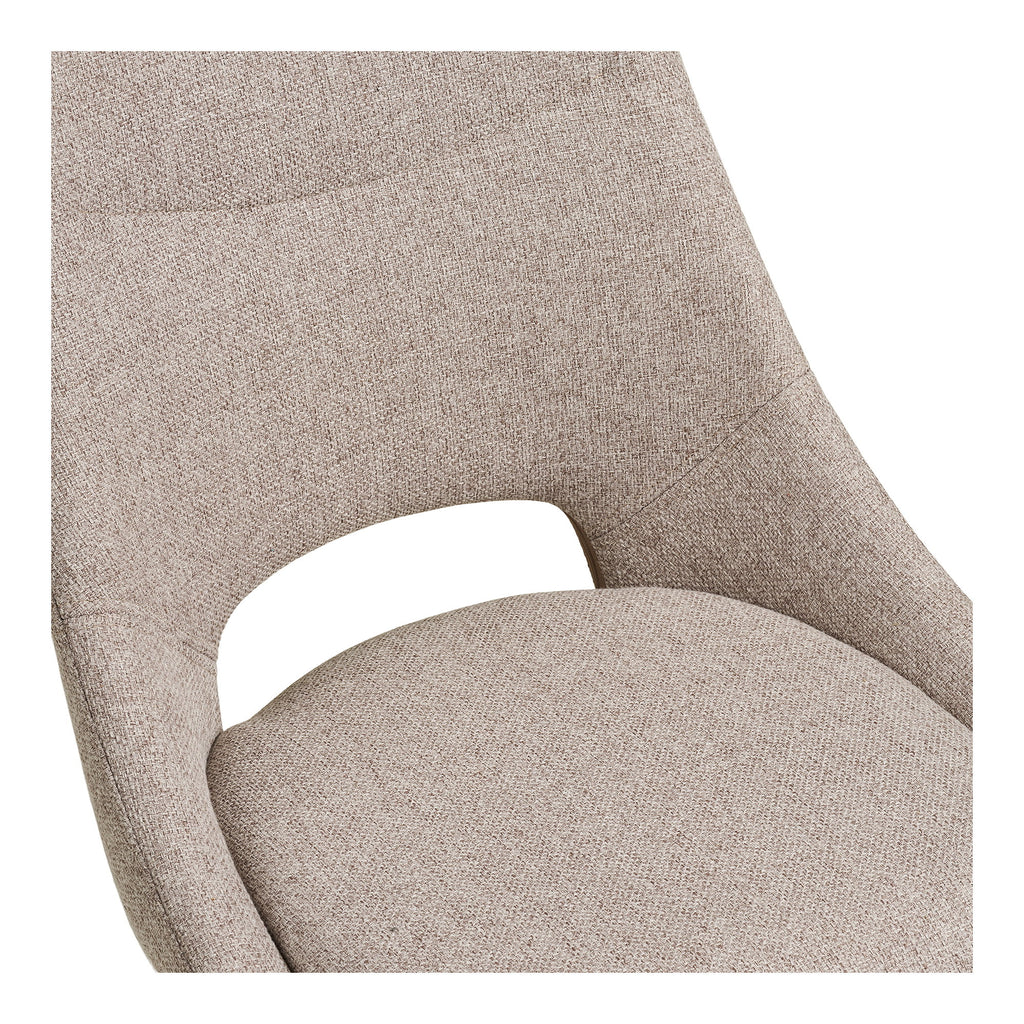 Détail découpe ouverte signature jonction dossier assise chaise Dokka tissu chiné sable naturel