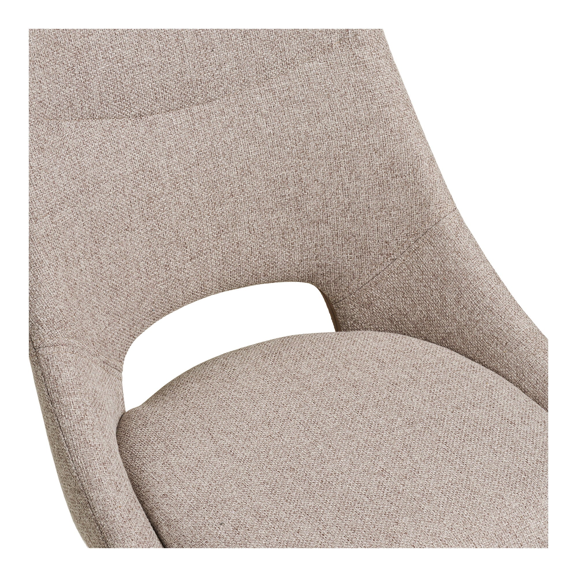 Détail découpe ouverte signature jonction dossier assise chaise Dokka tissu chiné sable naturel