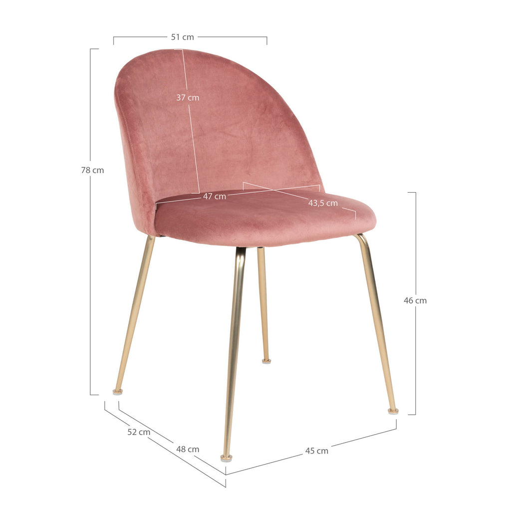 Schéma dimensions chaise Geneve velours rose 51x56x76 cm hauteur assise 46 cm