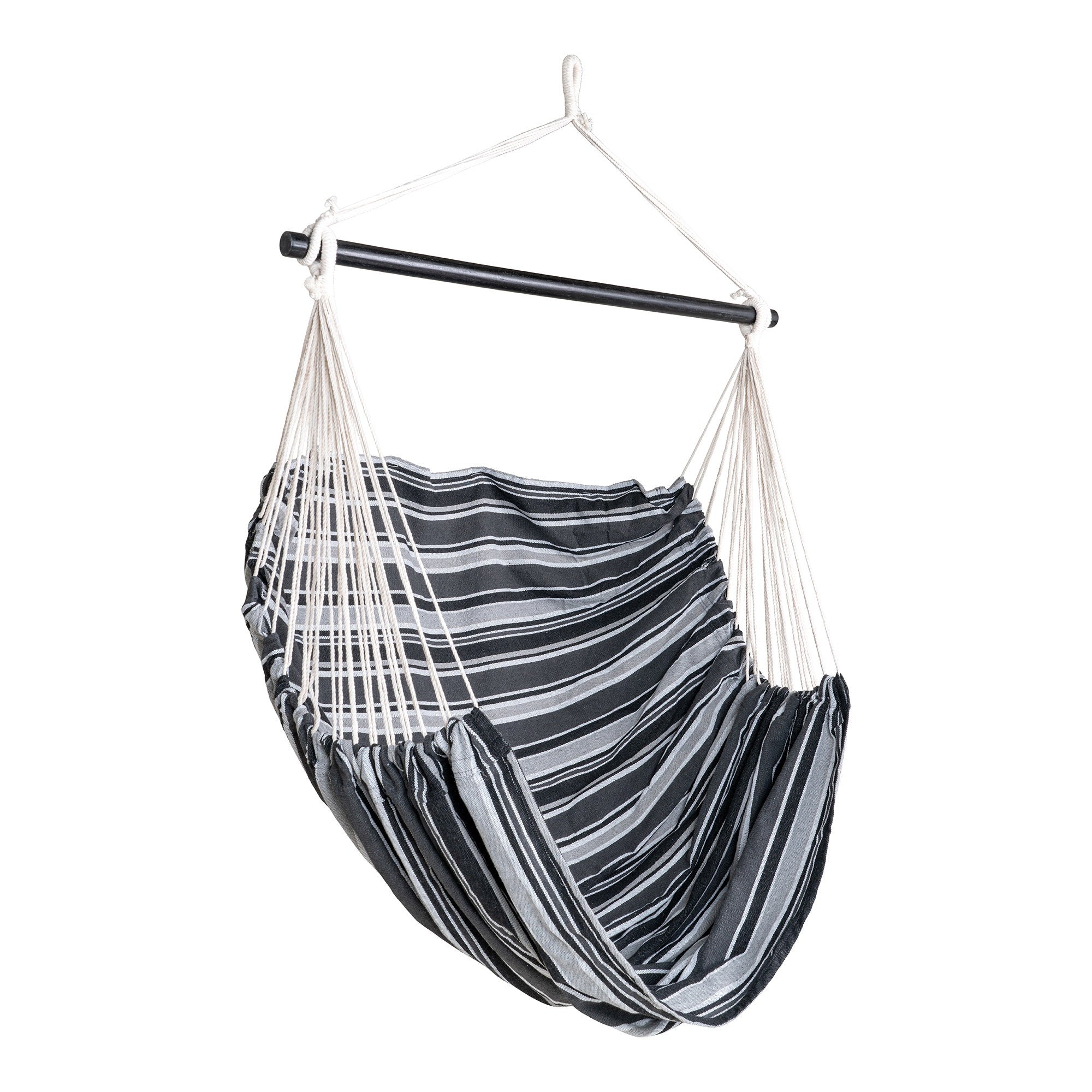 Chaise hamac suspendue Lamia coton rayé noir gris blanc avec barre mélèze, vue 3/4
