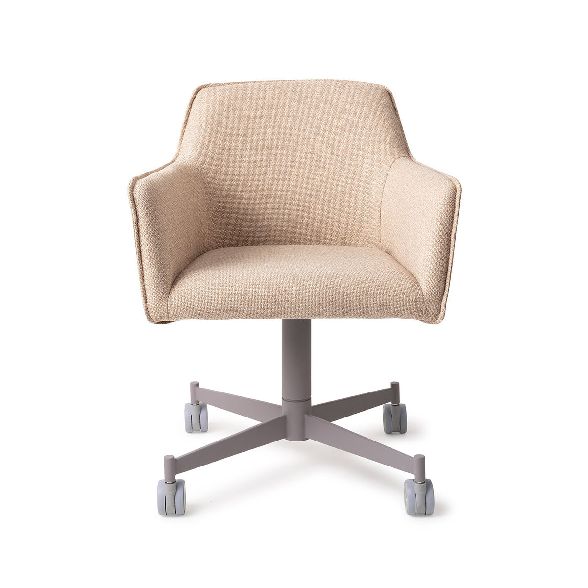 Chaise Hofu beige sur piètement à roulettes gris vue de face coque enveloppante et accoudoirs intégrés