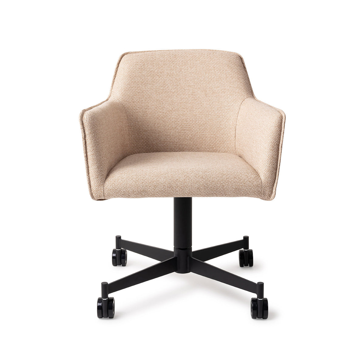 Chaise Hofu beige sur piètement à roulettes noir vue de face coque enveloppante et accoudoirs intégrés