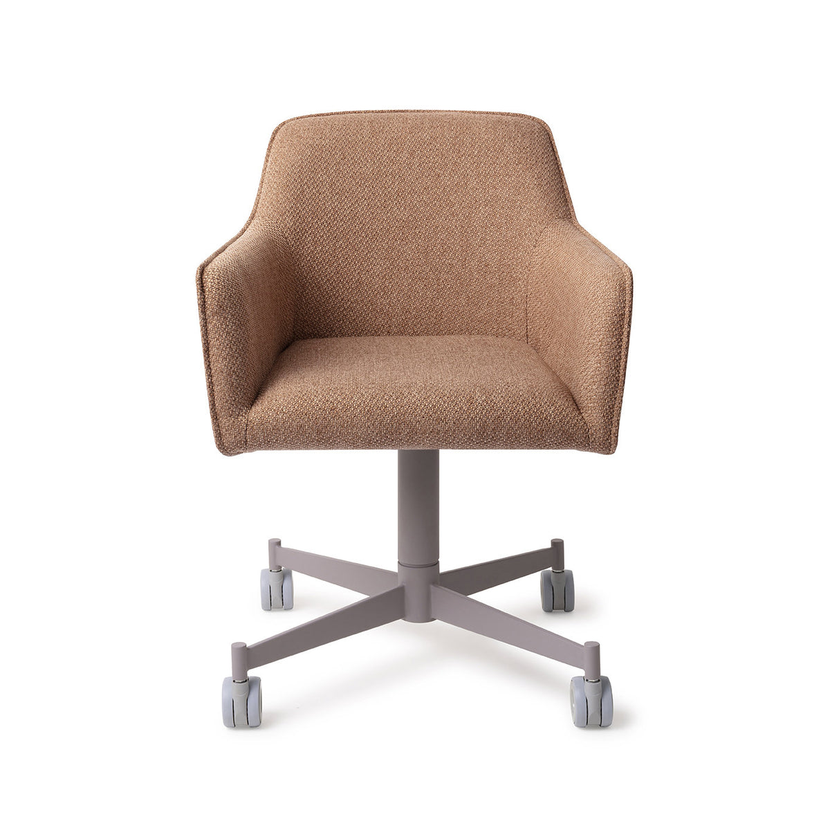 Chaise Hofu caramel sur piètement à roulettes gris vue de face coque enveloppante et accoudoirs intégrés