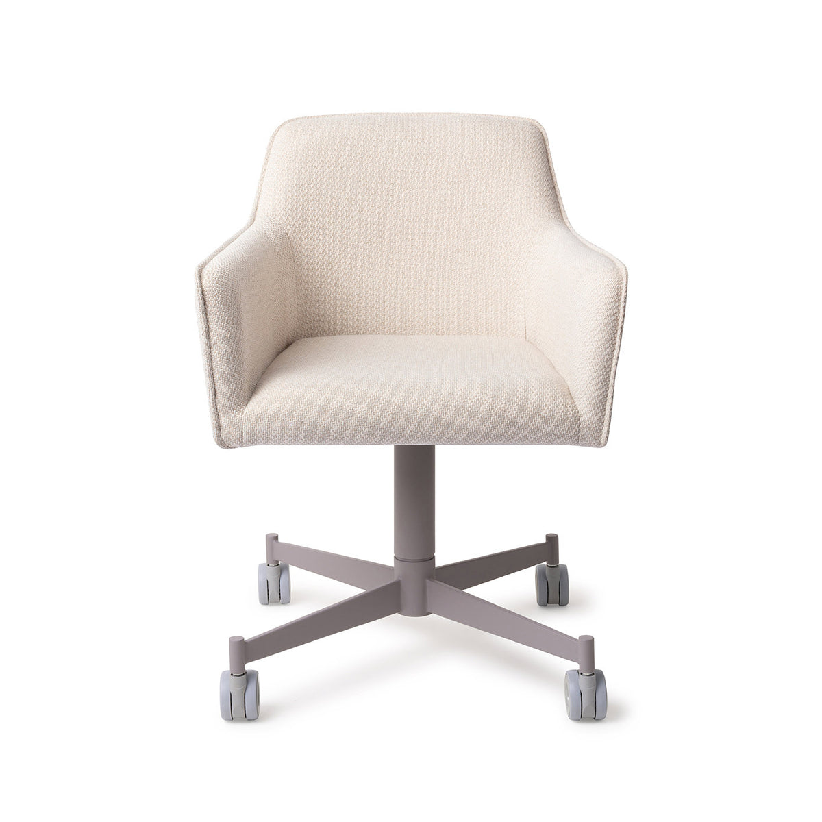 Chaise Hofu écru sur piètement à roulettes gris vue de face coque enveloppante et accoudoirs intégrés