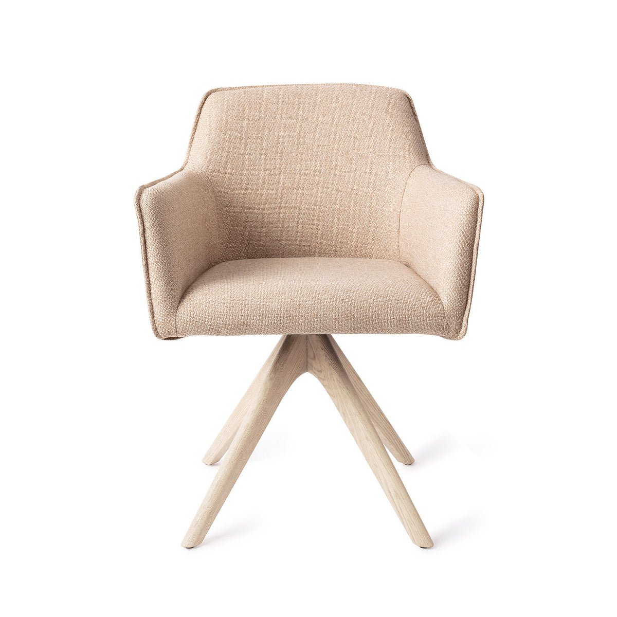 Chaise de salle à manger Hofu beige sur piètement pivotant chêne blanchi vue de face accoudoirs droits et passepoil