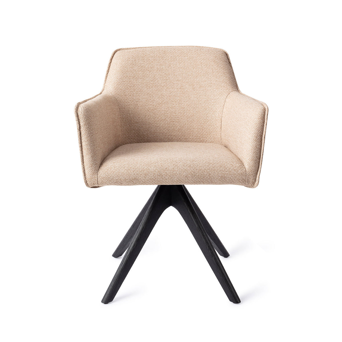 Chaise de salle à manger Hofu beige sur piètement pivotant chêne noir vue de face accoudoirs droits et passepoil