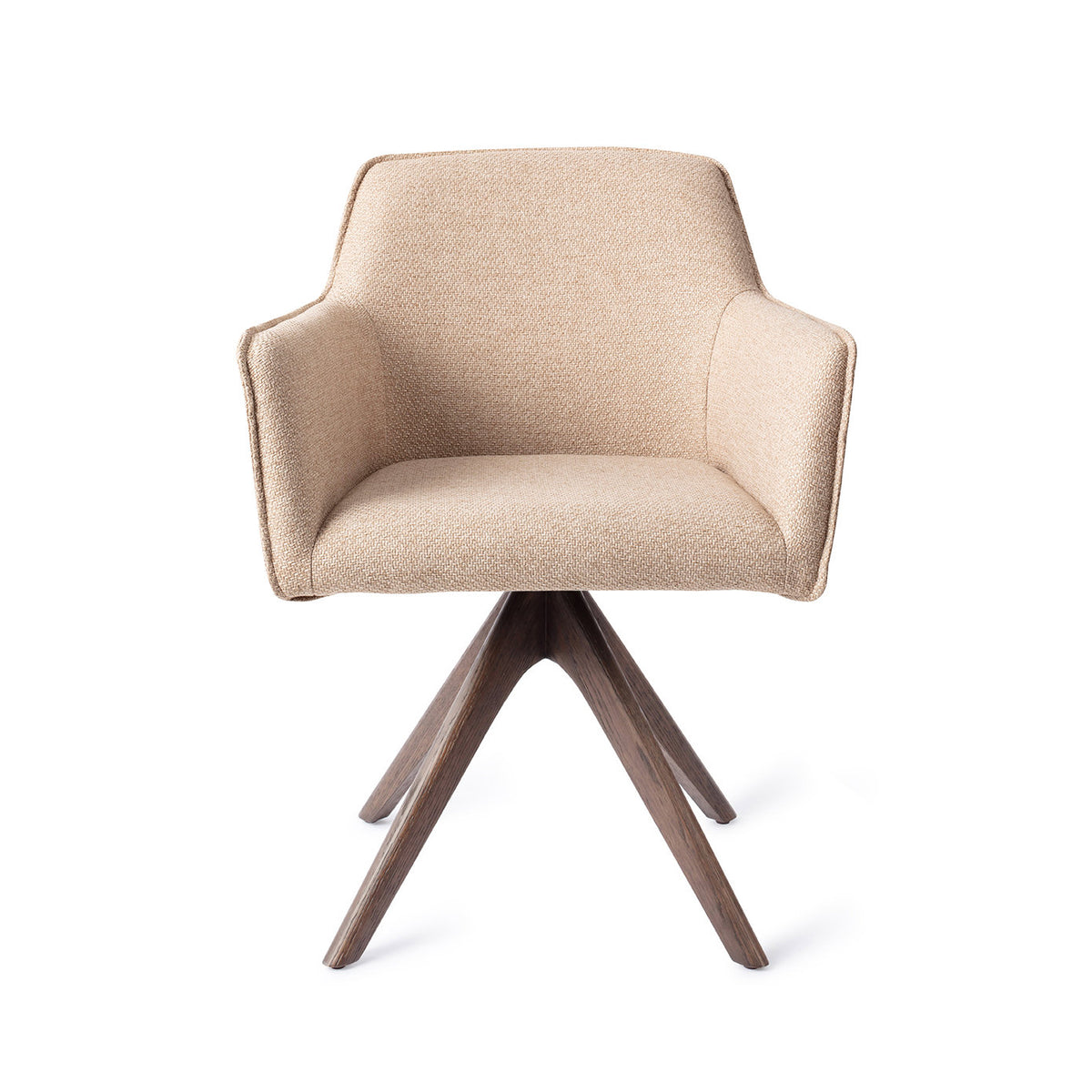 Chaise de salle à manger Hofu beige sur piètement pivotant chêne teinté noyer vue de face accoudoirs droits et passepoil